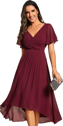 Ever-pretty Cocktail Dress Prom V-Neck A-Line Dress Ruffles Sleeve Knee Length for Prom Homecoming Burgundy 6UK