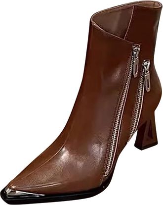 Generic Brown Women Metal Pointed French Slim Heel Hollow Short Boots for Comfort Outdoor Footwear with High Heel and Durable Material