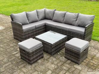Fimous High Back Rattan Corner Sofa Set Outdoor Furniture Square Coffee Table 2 Small Footstools 8 Seater in Dark Grey