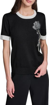 Karl Lagerfeld Beaded Rose & Faux Pearl Detail Short Sleeve Sweater in Black/Soft White at Nordstrom, Size X-Small