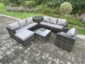 Fimous Rattan Garden Furniture Sofa Set with Armchair Side Table Square Coffee Table Big Footstool Indoor Side Table Outdoor in Dark Grey