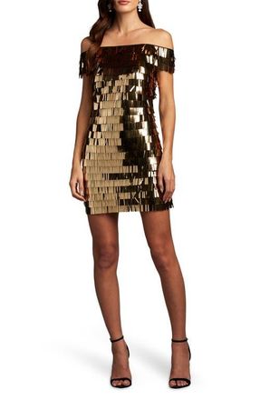 Tadashi Shoji Sequin Fringe Off the Shoulder Dress in Golden at Nordstrom, Size 16