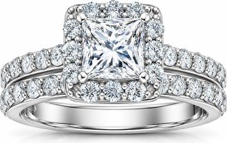 Pompeii3 2 1/2 Ct Halo Princess Cut Diamond Engagement Wedding Ring Set 14k White Gold
