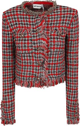 Self Portrait Checked Cropped Knit Jacket With Frayed Edges