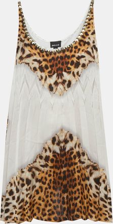 Just Cavalli Off- White Animal Printed Knit And Satin Tank Top