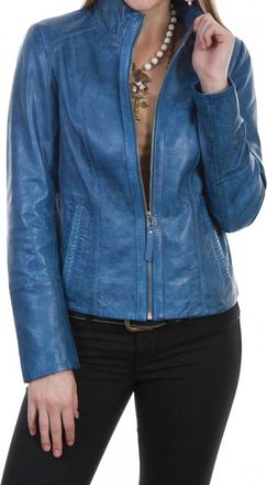 Scully Zip Front Leather Jacket In Denim Blue