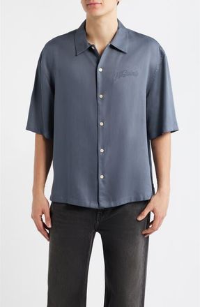 AllSaints Circe Logo Graphic Oversize Short Sleeve Button-Up Shirt in Moonstone Blue at Nordstrom, Size Xx-Large