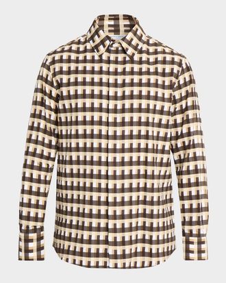 Bottega Veneta Mens Cotton 3D Check-Print Button-Down Shirt