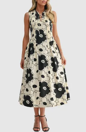 Mila Mae Tie Front Pleated Maxi Dress in Cream Black Floral at Nordstrom Rack, Size Small