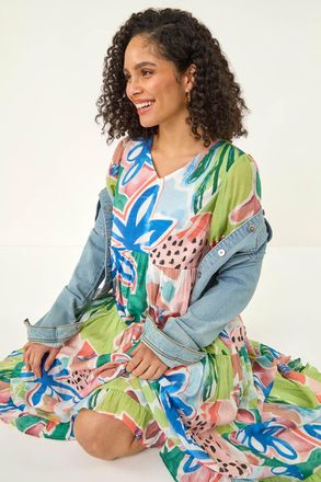 Roman Abstract Print Tiered Dress