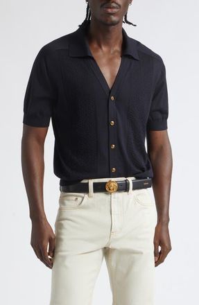 Versace Greca Stitch Short Sleeve Cardigan in Navy at Nordstrom, Size 50