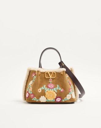 Valentino Garavani Valentino Garavani Small Shopping Bag In Embroidered Suede With Sheepskin Lining Woman HAVANA BEIGE UNI