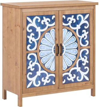 Beliani 2 Door Sideboard Brown and Blue MDF Mediterranean Coastal Pattern 2 Shelves Rustic Style MATARANKA