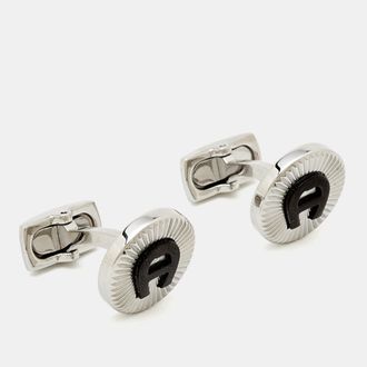 Aigner Logo Ceramic Silver Tone Cufflinks