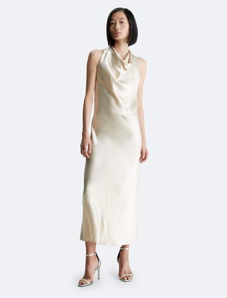 Calvin Klein Womens Shine Halterneck Maxi Dress - Neutral - 32