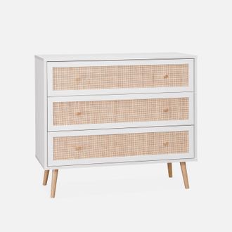 Sweeek Sweeek - C&oacute;moda De Ca&ntilde;a Con 3 Cajones, Boheme, Blanco Roto, 90x39x79 Cm