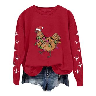 Generic Womens Christmas Sweatshirts Funny Chickens Graphic Print Xmas Jumper Casual Long Sleeve Crew Neck Pullover Oversized Dressy Trendy Sweater Ladies Win
