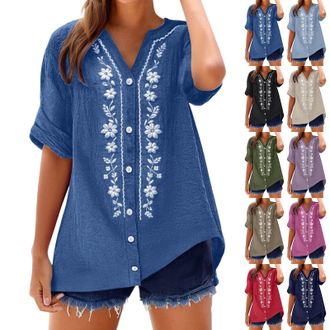 Generic Floaty Tops for Women UK Linen Tops for Women UK Embroidered Floral V Neck Button Up Blouse Short Sleeve Cotton Linen Summer Shirt Fashion Breathable 