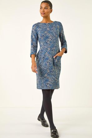 Roman Paisley Print Pocket Shift Stretch Dress