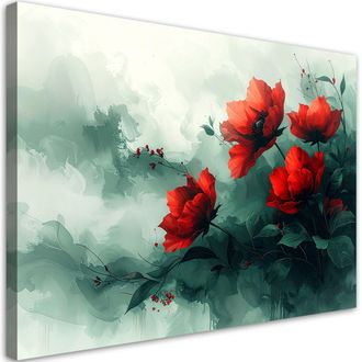 Feeby Cuadro Sobre Lienzo Amapolas Rojas Envueltas En Una Delicada Bruma Verde 100x70