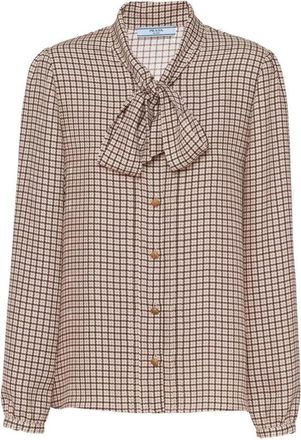 Prada Zijden bruine blouse met strik kraag - Dames - Overhemden - Veelkleurig - M - Overhemden