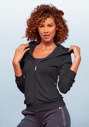 Active By Lascana Trainingsjacke LASCANA ACTIVE, Damen, Gr. XL (48/50), schwarz, Interlock, Obermaterial: 100% Baumwolle, unifarben, bequem h&uuml;ftlang, B&uuml;ndchen, Jacken T