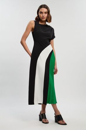 Karen Millen Colour Block Pleated Midi Dress in Mono at Nordstrom, Size 10