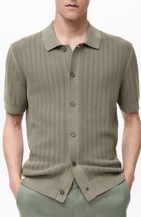 Mango Textured Short Sleeve Knit Button-Up Shirt in Khaki Green at Nordstrom, Size X-Large
