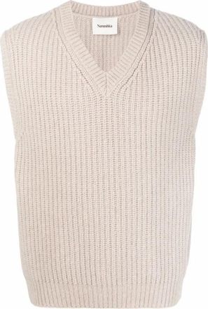 Nanushka Sleeveless Jumpers, male, Beige, M, Ribbed Beige V-Neck Jumper Vest