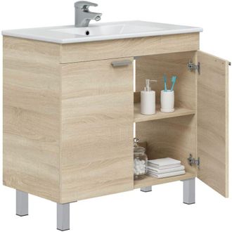 Dmora Mobile Sottolavabo Massiola, 2 Ante, Apertura Battente, Piedini Alluminio, 80x45x80h cm Marrone Rovere