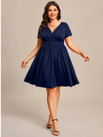 Ever-pretty Knee Length V Neck Cocktail Dress - Plus In Navy