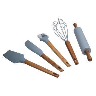 San Ignacio Set de 6 utensilios de cocina en silicona y madera gris y marr&oacute;n