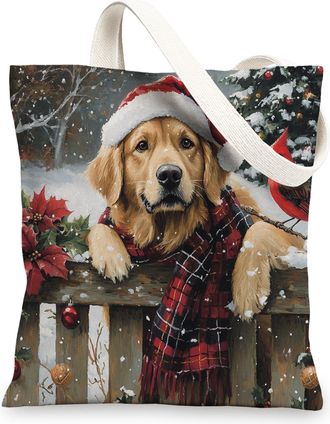 Generic Christmas Golden Retriever Dog Canvas Tote Bag for Shopping 13x15, Xmas Farmhouse Cardinal Puppy Reusable Grocery Print Bag for Women Men, Holiday Pet
