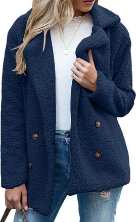 Generic Fleece Jacket Women Fuzzy Teddy Coat Ladies Winter Coats and Jackets Buttons Lapel Cardigan Autumn Casual Warm Outwear with Pockets (Navy, XL)