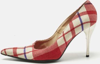 Versace White/red Plaid Check Fabric Pointed Toe Pumps