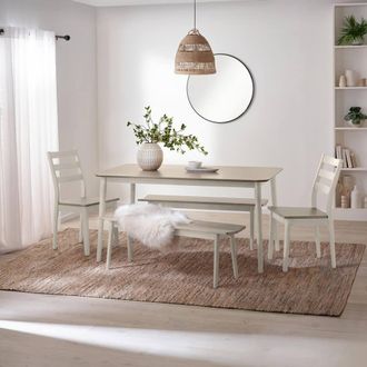 Furniturebox Lynton Large White & Grey Wooden Dining Table with 2 Benches 2 Chairs in Light Grey