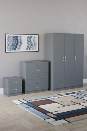 Home Discount Riano 3Pc Bedroom Set - 2 Drawer Bedside, 5 Drawer Chest & Wardrobe in Grey