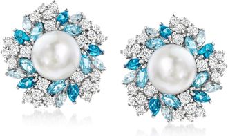 Ross-Simons 8.5-9mm Cultured Pearl and Tonal Blue and White Topaz Earrings in Sterling Silver