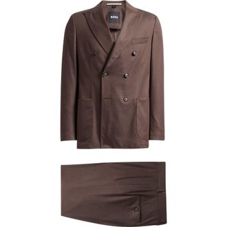 BOSS Huge Slim Fit Brown Stretch Cotton Peak Lapel Double Breasted Suit in Dark Brown at Nordstrom, Size 40 Regular