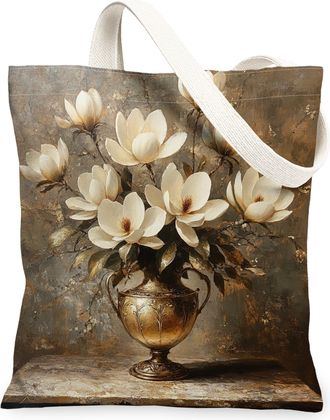Generic Farmhouse Magnolia Flower Canvas Tote Bag for Shopping 13x15, Country Floral Reusable Grocery Print Bag for Women Men, Farm Wildflower Aesthetic Paint