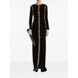 Balmain Beaded Embroidered Trim Evening Dress - Black