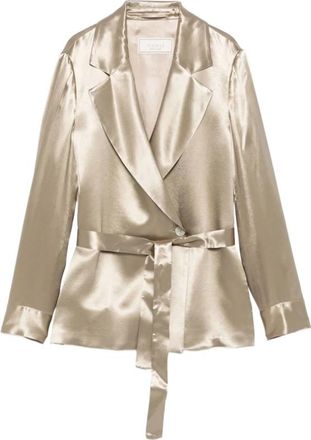 PESERICO Khaki Groene Satijnen Double-Breasted Blazer - Dames - Blazers - Groen - 2XL - Satijn - Jassen