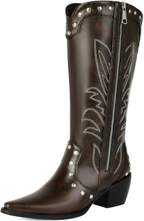 Generic Womens Chunky Heel Western Cowboy Boots Pointed Toe Country Boot with Studded PU Leather Mid-Calf Boots with Side Zipper,Brown,3.5 UK