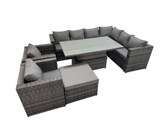 Fimous 9 Seater Rattan Corner Sofa Sets with 2 Chairs Big Stool in Dark Grey