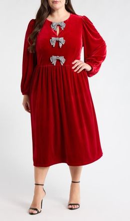 Sugarlips Jena Glow Bow Long Sleeve Velvet Midi Dress in Red at Nordstrom, Size 2X