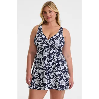 Lands End Plus Size New SlenderSuit Wrap Swim Dress Swimsuit in Navy Blossom Floral at Nordstrom, Size 18W
