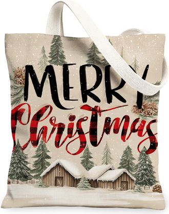 Generic Merry Christmas Canvas Tote, Holiday Trees Pattern Reusable Grocery Bag, Winter Rustic Lightweight Washable Shoulder Strap, Beige, 13x15 Inch