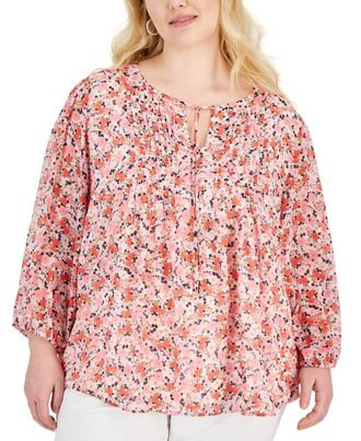 Tommy Hilfiger Pintucked Top Womens 1X Multi Floral Tie Neck Pullover FTS1181