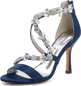 Generic Womens High Heel Sandals Open Toe Satin Crystal Stiletto Wedding Shoes for Bride Formal Prom Party Dress Shoes Pump 9.5Cm,Dark Blue,10 UK