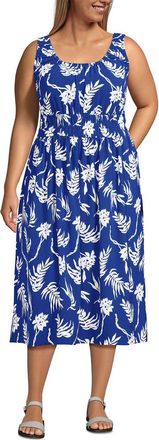 Lands End Plus Size Creaseless Scoop Neck Smocked Midi Dress in Vibrant Lapis Tropic Floral at Nordstrom, Size 1X